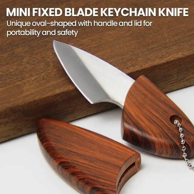 Alt view image 2 of 7 - Small Keychain Box Cutter, EDC Fixed Blade Pocket Knife | Wood-grain Plastic Handle, Utility Knife with Sheath, Gadgets for Men, Men's Accessories, Stocking Stuffers