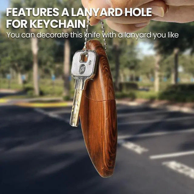 Alt view image 6 of 7 - Small Keychain Box Cutter, EDC Fixed Blade Pocket Knife | Wood-grain Plastic Handle, Utility Knife with Sheath, Gadgets for Men, Men's Accessories, Stocking Stuffers