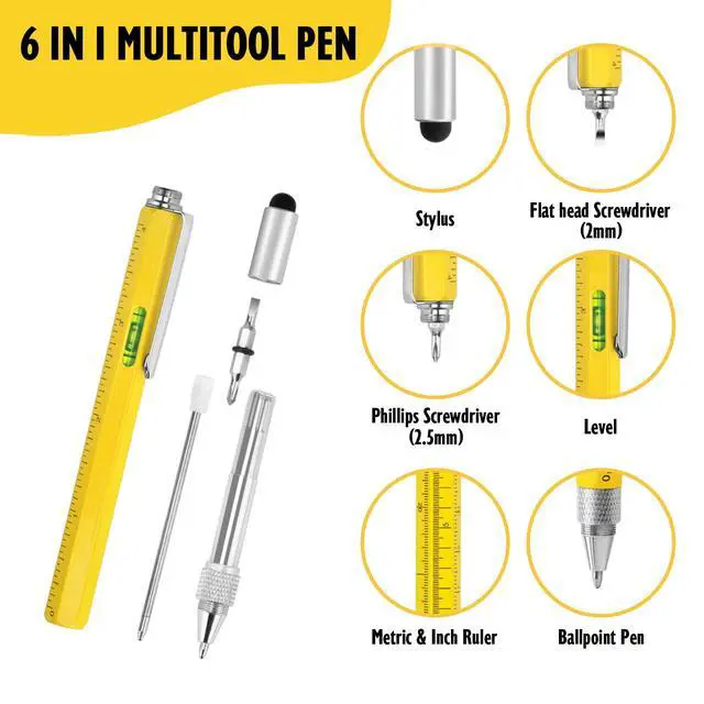 Alt view image 2 of 7 - Cool Pen Gifts for Men, 6-in-1 Multi Tool Tech Pen Gadgets Tools for Men, Personalized Gifts for Him, Funny Gift for Christmas, Father's Day Valentines or Birthdays Gifts (Yellow)