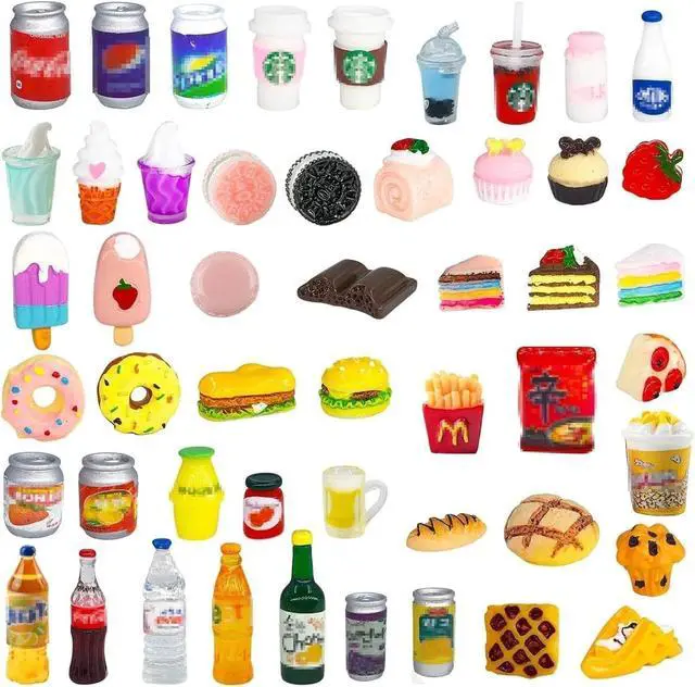 Main image of 50 Pcs Miniature Food Drink Bottles Soda Pop Cans Pretend Play Kitchen Game Party Accessories Toys Hamburg Cake Ice Cream for 1/12 Doll House (25Food+25Drink)