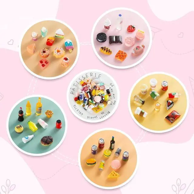 Alt view image 3 of 7 - 50 Pcs Miniature Food Drink Bottles Soda Pop Cans Pretend Play Kitchen Game Party Accessories Toys Hamburg Cake Ice Cream for 1/12 Doll House (25Food+25Drink)