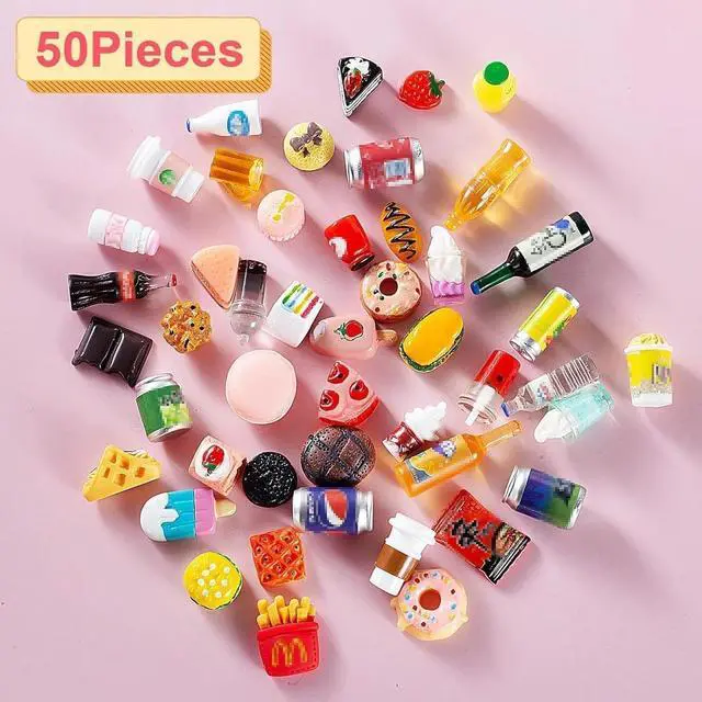 Alt view image 4 of 7 - 50 Pcs Miniature Food Drink Bottles Soda Pop Cans Pretend Play Kitchen Game Party Accessories Toys Hamburg Cake Ice Cream for 1/12 Doll House (25Food+25Drink)
