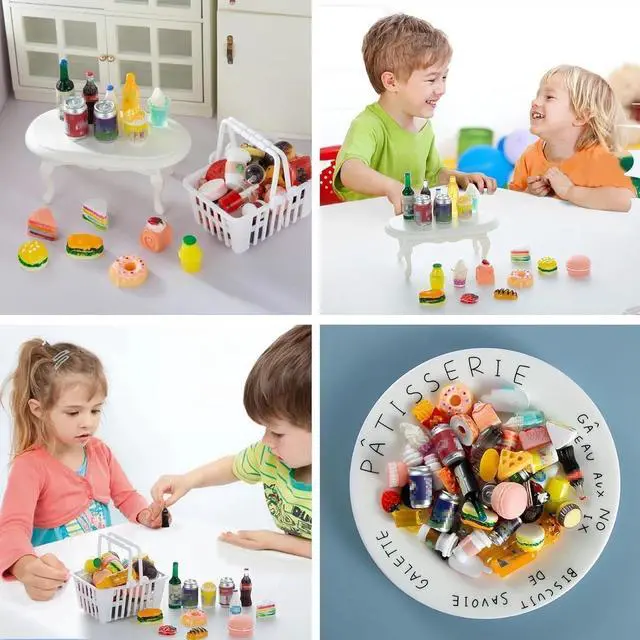 Alt view image 5 of 7 - 50 Pcs Miniature Food Drink Bottles Soda Pop Cans Pretend Play Kitchen Game Party Accessories Toys Hamburg Cake Ice Cream for 1/12 Doll House (25Food+25Drink)