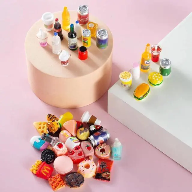 Alt view image 7 of 7 - 50 Pcs Miniature Food Drink Bottles Soda Pop Cans Pretend Play Kitchen Game Party Accessories Toys Hamburg Cake Ice Cream for 1/12 Doll House (25Food+25Drink)