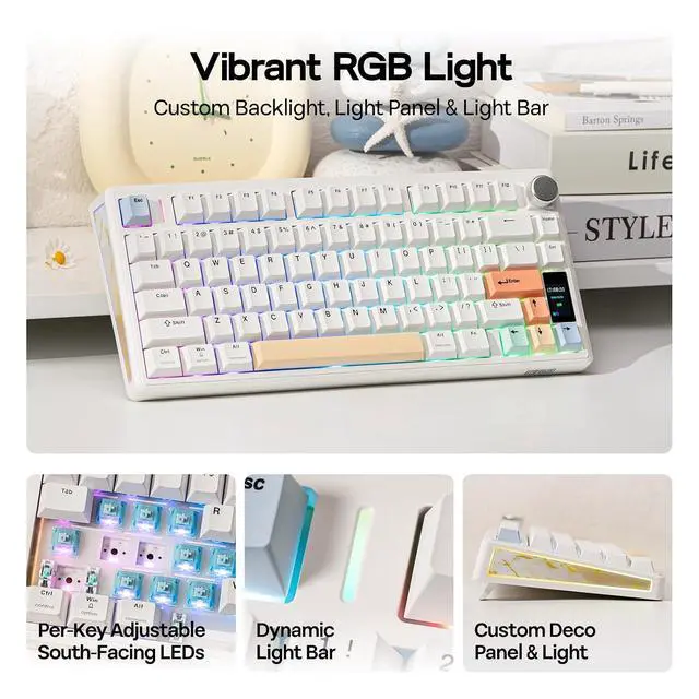Alt view image 4 of 7 - TH80 V2 PRO Wireless Gaming Keyboard with Screen&Knob, 10000mAh, 2.4Ghz/BT/USB-C, RGB, Hot Swap, Custom Driver, NKRO, PBT Keycap, Mechanical Keyboard for PC/Mac (White, Sea Salt Silent)
