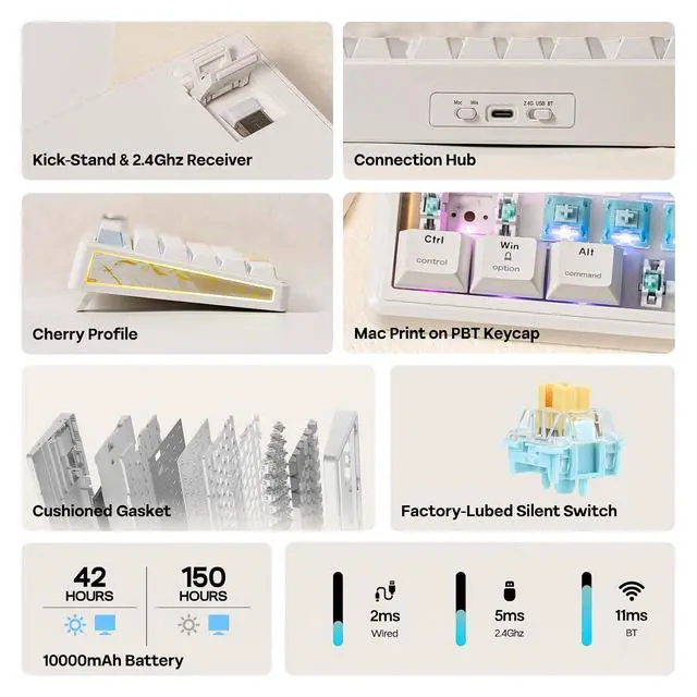 Alt view image 2 of 7 - TH80 V2 PRO Wireless Gaming Keyboard with Screen&Knob, 10000mAh, 2.4Ghz/BT/USB-C, RGB, Hot Swap, Custom Driver, NKRO, PBT Keycap, Mechanical Keyboard for PC/Mac (White, Sea Salt Silent)