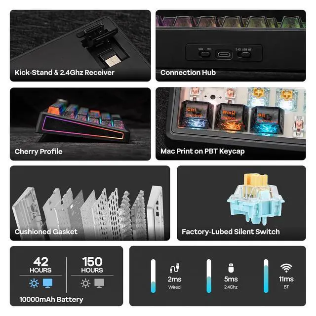 Alt view image 2 of 7 - TH80 V2 PRO Wireless Gaming Keyboard with Screen&Knob, 10000mAh, 2.4Ghz/BT/USB-C, RGB, Hot Swap, Custom Driver, NKRO, PBT Keycap, Mechanical Keyboard for PC/Mac (Black, Sea Salt Silent)
