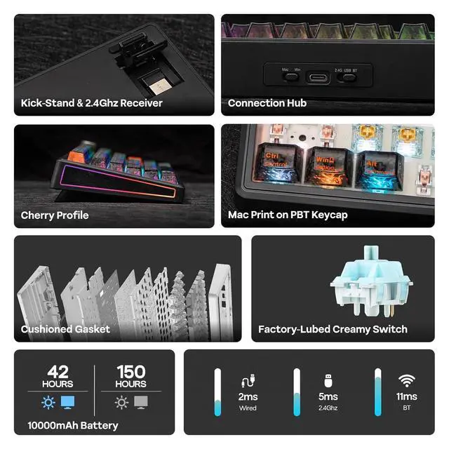 Alt view image 2 of 7 - TH80 V2 PRO Wireless Gaming Keyboard with Screen&Knob, 10000mAh, 2.4Ghz/BT/USB-C, RGB, Hot Swap, Custom Driver, NKRO, PBT Keycap, Mechanical Keyboard for PC/Mac (Black, Creamy Jade)