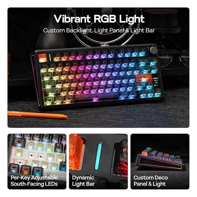 Alt view image 4 of 7 - TH80 V2 PRO Wireless Gaming Keyboard with Screen&Knob, 10000mAh, 2.4Ghz/BT/USB-C, RGB, Hot Swap, Custom Driver, NKRO, PBT Keycap, Mechanical Keyboard for PC/Mac (Black, Creamy Jade)