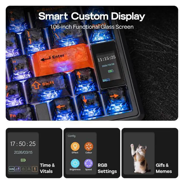 Alt view image 3 of 7 - TH80 V2 PRO Wireless Gaming Keyboard with Screen&Knob, 10000mAh, 2.4Ghz/BT/USB-C, RGB, Hot Swap, Custom Driver, NKRO, PBT Keycap, Mechanical Keyboard for PC/Mac (Black, Creamy Jade)