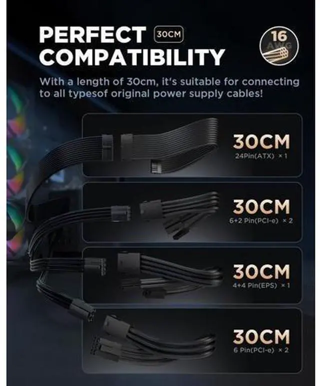 Alt view image 7 of 7 - ASIAHORSE 16AWG PSU Cable Extension Power Cords, Customized Power Supply Mod Sleeve Extension Cable, ATX/EPS/8-pin PCI-E/6-pin PCI-E for PSU Cable