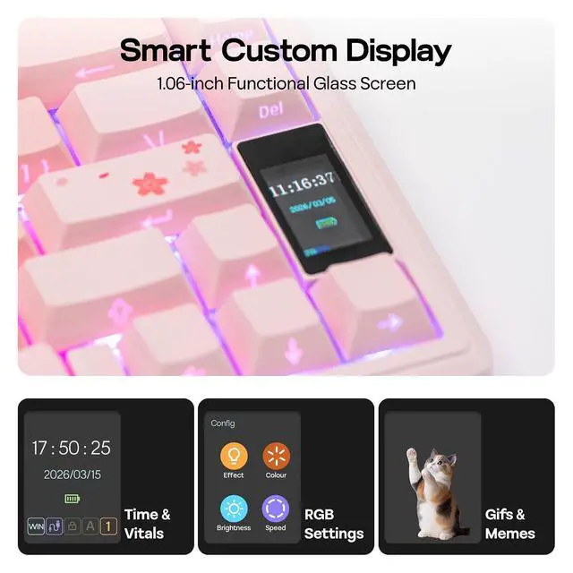 Alt view image 3 of 7 - TH80 V2 PRO Wireless Gaming Keyboard with Screen&Knob, 10000mAh, 2.4Ghz/BT/USB-C, RGB, Hot Swap, Custom Driver, NKRO, PBT Keycap, Mechanical Keyboard for PC/Mac (Pink, Creamy Jade)