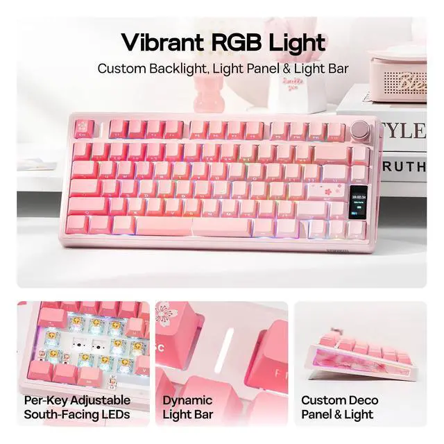 Alt view image 4 of 7 - TH80 V2 PRO Wireless Gaming Keyboard with Screen&Knob, 10000mAh, 2.4Ghz/BT/USB-C, RGB, Hot Swap, Custom Driver, NKRO, PBT Keycap, Mechanical Keyboard for PC/Mac (Pink, Creamy Jade)