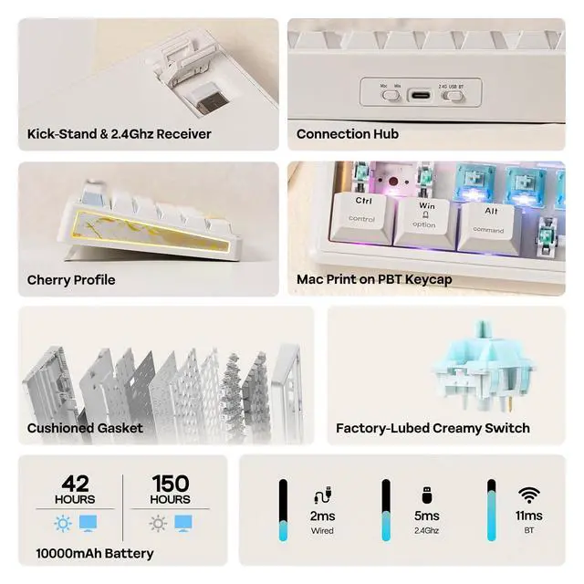 Alt view image 2 of 7 - TH80 V2 PRO Wireless Gaming Keyboard with Screen&Knob, 10000mAh, 2.4Ghz/BT/USB-C, RGB, Hot Swap, Custom Driver, NKRO, PBT Keycap, Mechanical Keyboard for PC/Mac (White, Creamy Jade)
