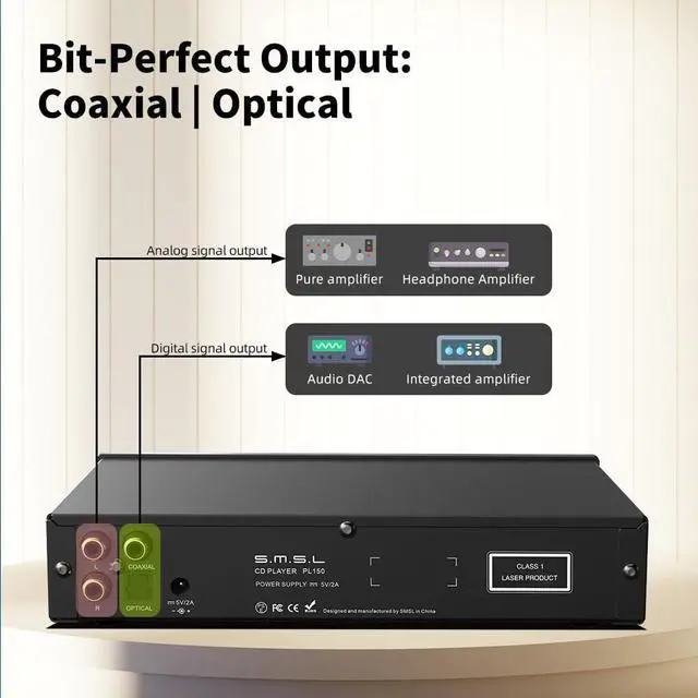 Alt view image 5 of 7 - SMSL PL150 CD Player High Power CS43198 D/A chip, Standard/MQA-CD/HDCD CDs, with RCA/3.5mm & 4.4mm Headphone/Optical/Coaxial Output, for Vehicle/Laptop/TV/PC, CD Player Amp with Remote Control (Black)