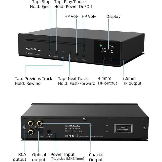 Alt view image 6 of 7 - SMSL PL150 CD Player High Power CS43198 D/A chip, Standard/MQA-CD/HDCD CDs, with RCA/3.5mm & 4.4mm Headphone/Optical/Coaxial Output, for Vehicle/Laptop/TV/PC, CD Player Amp with Remote Control (Black)
