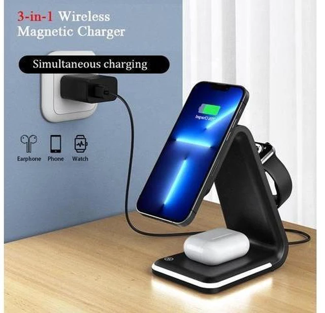 Alt view image 3 of 6 - 15W 3-in-1 Magnetic Wireless Charger for Apple iPhone and Watch Black