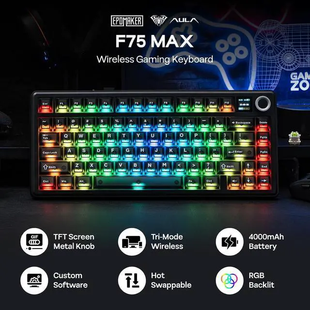 Alt view image 2 of 7 - X Aula F75 MAX Wireless Mechanical Keyboard with TFT Screen and Knob+Mix 1.8m Coiled Keyboard Cable