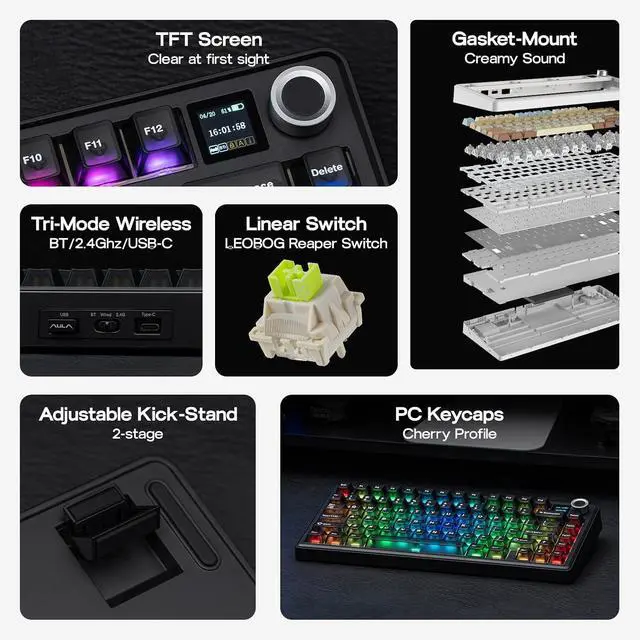 Alt view image 3 of 7 - X Aula F75 MAX Wireless Mechanical Keyboard with TFT Screen and Knob+Mix 1.8m Coiled Keyboard Cable