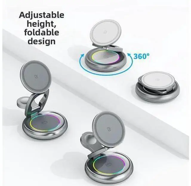 Alt view image 4 of 5 - 15W 3 in 1 Foldable Magnetic Wireless Charging Station 360 Rotation Fast Charging Stand for Phone Earbuds Smart Watch