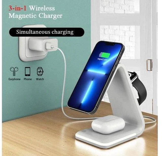 Alt view image 6 of 6 - 15W 3-in-1 Magnetic Wireless Charger for Apple iPhone and Watch Black