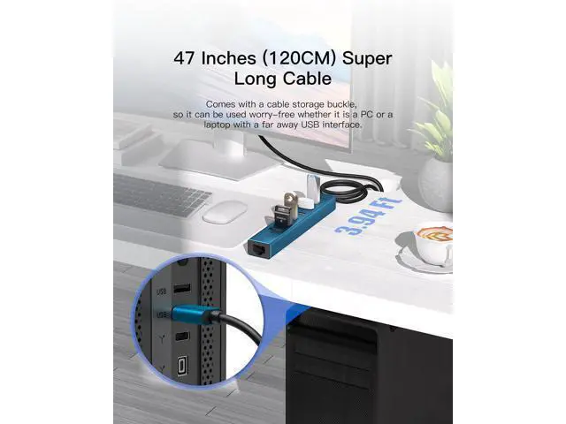 Alt view image 2 of 5 - 7 Ports USB 3.0 Hub, USB to Network HUB with 3.9ft Long Cable for Laptop, USB Splitter with Gigabit Ethernet Port and 5V/3A Power Port, MultiPort Aluminum Hub for iMac, PC, Flash Drives (Blue)