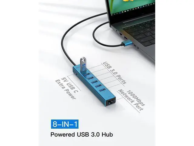 Alt view image 3 of 5 - 7 Ports USB 3.0 Hub, USB to Network HUB with 3.9ft Long Cable for Laptop, USB Splitter with Gigabit Ethernet Port and 5V/3A Power Port, MultiPort Aluminum Hub for iMac, PC, Flash Drives (Blue)