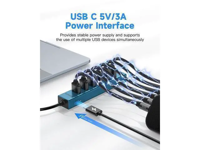 Alt view image 4 of 5 - 7 Ports USB 3.0 Hub, USB to Network HUB with 3.9ft Long Cable for Laptop, USB Splitter with Gigabit Ethernet Port and 5V/3A Power Port, MultiPort Aluminum Hub for iMac, PC, Flash Drives (Blue)