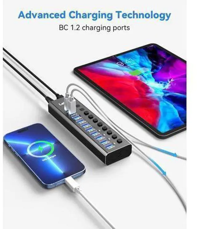 Alt view image 13 of 14 - Powered USB Hub 3.2, LEINSIS 10-Port USB 3.2/USB C Hub (10Gbps USB-A 3.2 +2 USB-C 3.2 +7 USB 3.0 Ports) with Individual On/Off Switches and 12V Power Adapter, Aluminum USB Hub Powered for Laptop PC