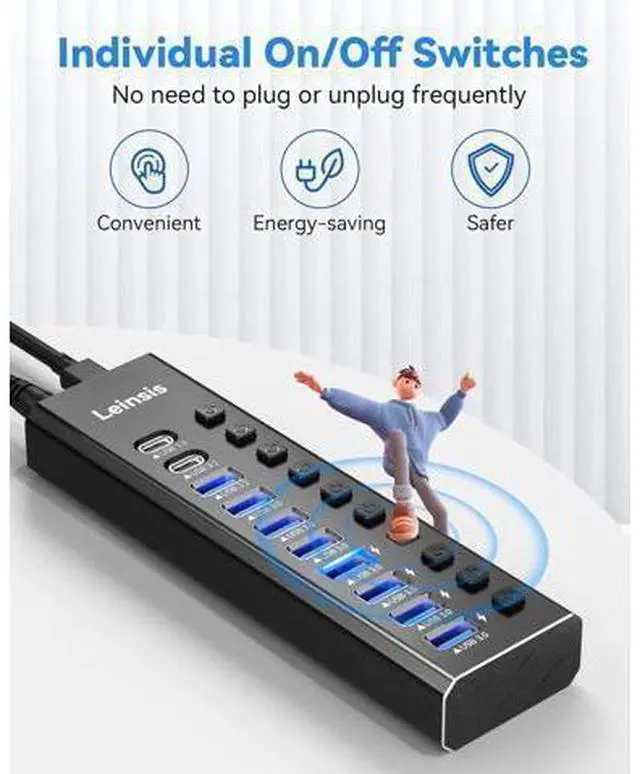 Alt view image 12 of 14 - Powered USB Hub 3.2, LEINSIS 10-Port USB 3.2/USB C Hub (10Gbps USB-A 3.2 +2 USB-C 3.2 +7 USB 3.0 Ports) with Individual On/Off Switches and 12V Power Adapter, Aluminum USB Hub Powered for Laptop PC