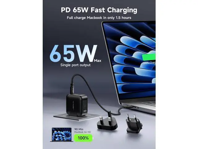 Alt view image 3 of 7 - 65W GaN II USB C Wall Charger, 3-Port Fast Charger Block with Foldable Plug, 6.6FT USB C Cable, UK/EU Travel Plugs for MacBook, iPhone, Galaxy, Steam Deck, Switch 2
