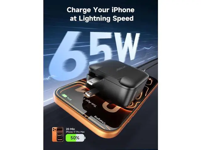 Alt view image 2 of 7 - 65W GaN II USB C Wall Charger, 3-Port Fast Charger Block with Foldable Plug, 6.6FT USB C Cable, UK/EU Travel Plugs for MacBook, iPhone, Galaxy, Steam Deck, Switch 2