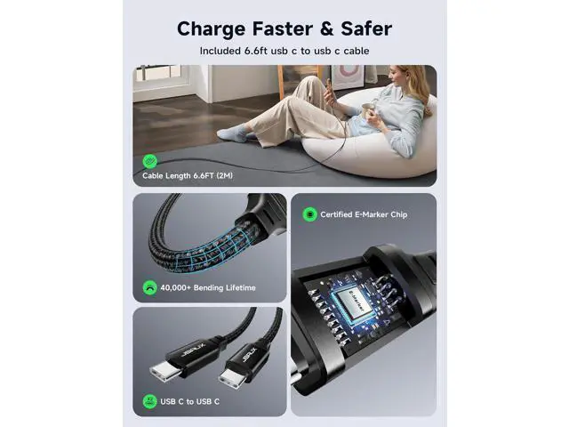 Alt view image 5 of 7 - 65W GaN II USB C Wall Charger, 3-Port Fast Charger Block with Foldable Plug, 6.6FT USB C Cable, UK/EU Travel Plugs for MacBook, iPhone, Galaxy, Steam Deck, Switch 2