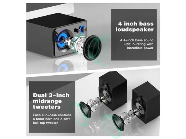 Alt view image 2 of 5 - Elimavi BT-15 2.1 Computer Speaker System with 4 inches Subwoofer Dual 3 inches Tweeter, Support RCA/Wireless Input, Wood Enclosure, 60W, Black
