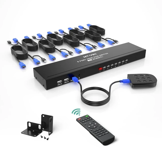 Alt view image 2 of 2 - 8 Port KVM Switch HDMI, 4K@30Hz 1U Rack Mount KVM Switch w/IR Remote & Wire-Desktop Controller & 8 HDMI KVM Cables & Rack Ears & Power Adapter