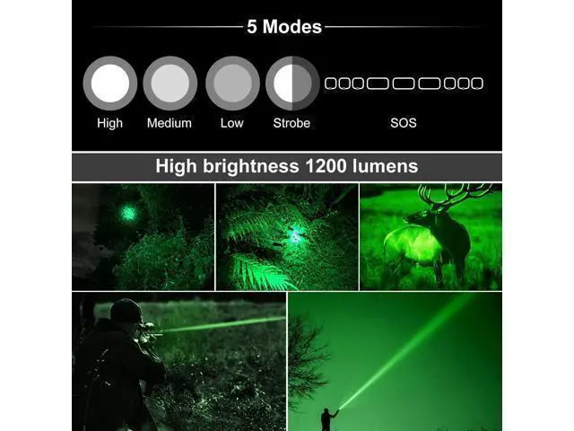Alt view image 2 of 6 - Green Light Flashlight, Rechargeable LED Green Light Tactical Flashlight with Pressure Switch, 5 Modes & Zoomable Deer Hunting Light, IPX4 waterproof Hog Lights for Night Hunting Coyote Varmint