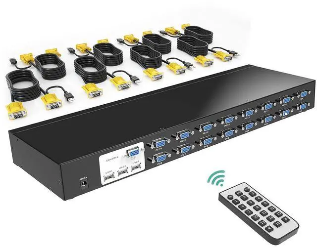 Main image of 16 Port KVM Switch, 16X1 Rackmount KVM Switch VGA, Included 16 KVM Cables & Remote, Fit 1U 19'' Rack