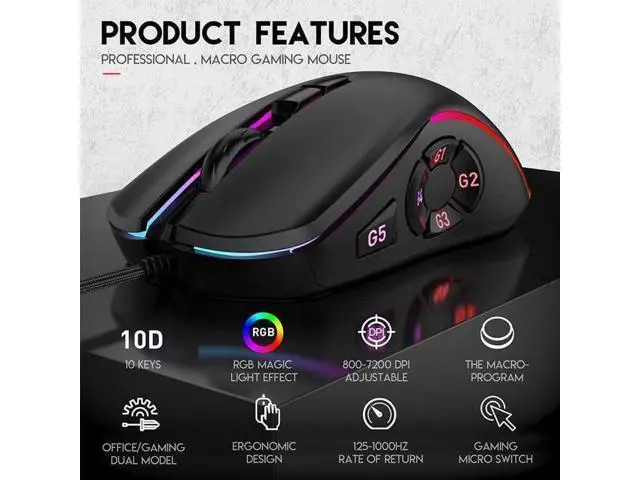 Alt view image 4 of 4 - WISDUM Gaming Mouse USB Wired, RGB Backlit PC Mouse Computer Mice with 14 RGB LED Modes, 7200 DPI Adjustable, 10 Programmable Buttons, Ergonomic USB Optical Mouse for Windows MacOS Laptop Gamer
