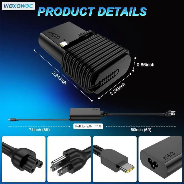 Alt view image 2 of 7 - New Slim 65W USB C Laptop Charger Compatible with ThinkPad T480s T580s T490 E480 E580 X1Carbon X13 Chromebook 2nd Gen Yoga Slim Type C Fast Charging Computer Power Cord