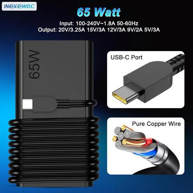 Alt view image 3 of 7 - New Slim 65W USB C Laptop Charger Compatible with ThinkPad T480s T580s T490 E480 E580 X1Carbon X13 Chromebook 2nd Gen Yoga Slim Type C Fast Charging Computer Power Cord