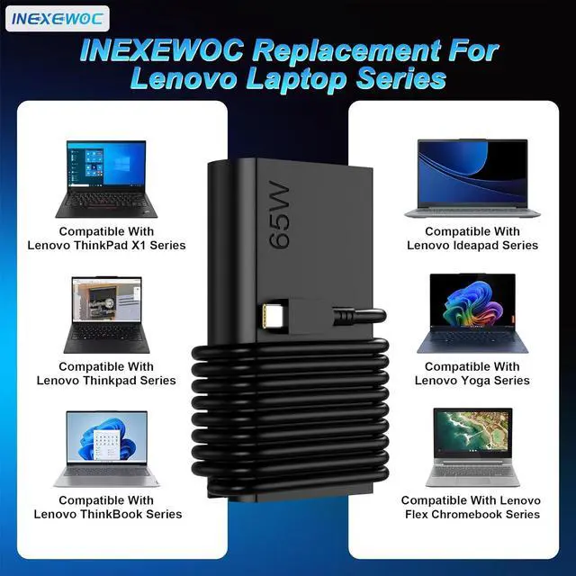 Alt view image 6 of 7 - New Slim 65W USB C Laptop Charger Compatible with ThinkPad T480s T580s T490 E480 E580 X1Carbon X13 Chromebook 2nd Gen Yoga Slim Type C Fast Charging Computer Power Cord