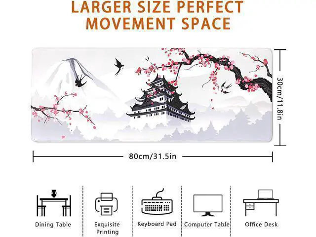 Alt view image 3 of 7 - Japanese Cherry Blossom White Gaming Mouse Pad XXL Large Gaming Laptop Anime Mouse Pad Sakura Big Desk Pads Extended PC Keyboard Waterproof and Non-Slip 31.5x11.8inches Mices Pad Japan