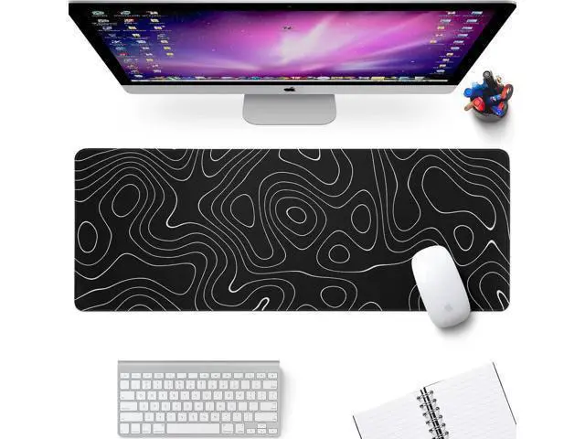 Alt view image 2 of 7 - Large Topographic Map Gaming Mouse Pad for Desk Black Desk Pad with Non-Slip Rubber Base Stitched Edge Desk Organizers and Accessories Desk Decor
