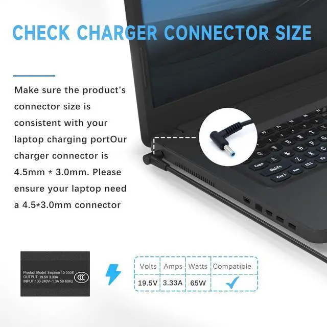 Alt view image 6 of 6 - 65W Laptop Charger Compatible with HP Pavilion x360 14 15 17 Envy 13 15 X360 Elitebook 840 G5 Zbook 14u G4 G5 15u 15 G3 ProBook Chromebook Spectre 19.5V 3.33A Adapter Power Cord Blue Tip
