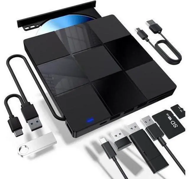 Main image of External CD/DVD Drive for Laptop, USB 3.0 & Type-C CD Burner DVD Player, Portable CD DVD +/-RW Drive - Plug and Play, Compatible with Windows 10&11 Linux MacBook PC (Black)