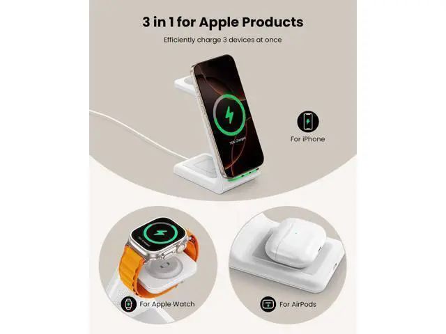 Alt view image 2 of 7 - GEEKERA 3 in 1 Wireless Charging Station for Apple, Fast Wireless Charger Stand Dock for iPhone 16 15 14 13 12 11 Pro Max Plus XR XS X, Apple Watch Ultra/9/SE/8/7/6/5/4/3/2, AirPods Pro/4/3/2