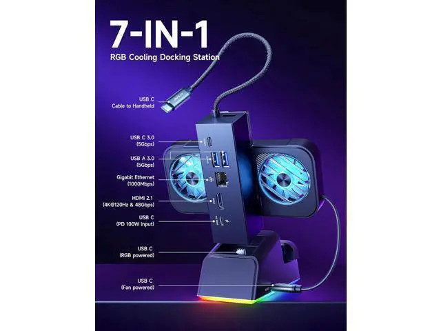 Alt view image 4 of 7 - Docking Station for ROG Ally X/ROG Ally/Steam Deck/Legion Go, 7-in-1 ROG Ally X Dock with RGB Cooling Fan, HDMI 4K@120Hz, Gigabit Ethernet, Dual USB & USB C 3.0, 100W PD Charging - HB0705