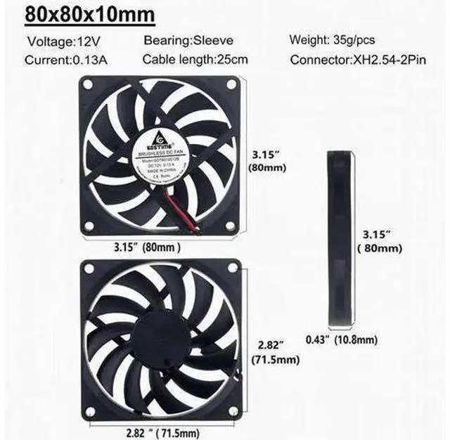 Alt view image 7 of 10 - 2 Pcs Cooler 80mm 5V 12V 24V 2 Pin Connector 8010 8cm Ball Bearing 80x80x10mm Brushless Cooling Fan for PC Computer Case
