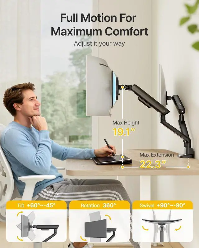 Alt view image 8 of 10 - monTEK Dual Monitor Arm with USB, Mechanical Spring Monitor Arm for 17-35" Screens, Adjustable Monitor Desk Mount Each Holds up to 24.2 lbs with C Clamp/Grommet Desk Mount, VESA 75/100mm, MA1011UCBK-D