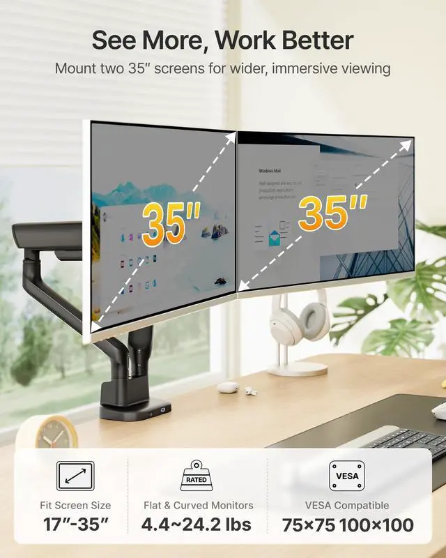 Alt view image 7 of 10 - monTEK Dual Monitor Arm with USB, Mechanical Spring Monitor Arm for 17-35" Screens, Adjustable Monitor Desk Mount Each Holds up to 24.2 lbs with C Clamp/Grommet Desk Mount, VESA 75/100mm, MA1011UCBK-D